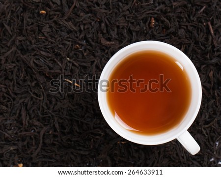Top view of a cup of tea. Standing on tea leaves.
