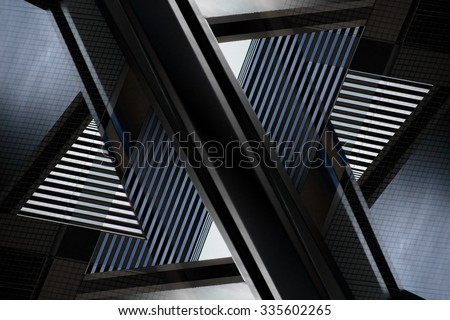 Digitally altered close-up photograph of abstract architecture fragment. Distinctive contemporary composition with geometric structure in black and blue colors of twilight.