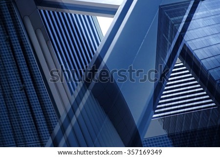 Dynamic business cityscape. Double exposure of urban scenes with contemporary architecture.