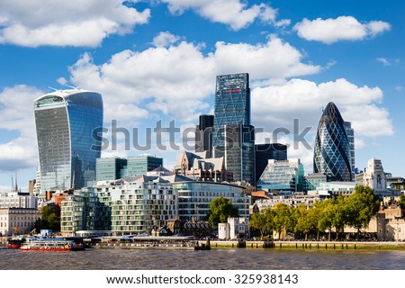 Modern cityscape of London (Europe) with blue sky with white clouds