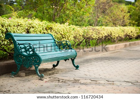 Bench in the park on the pavement. Within the park. Shady trees and the relax.