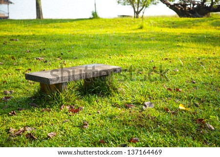 Bench on the lawn. In the park. Relaxing atmosphere.
