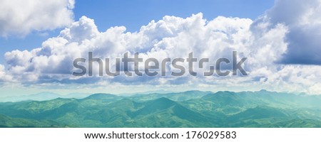 Panorama Mountains And Clouds.Lined Mountain Complex Cloud\'S Group At The Sky.