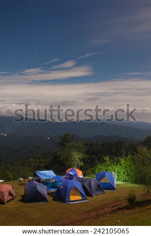 Tent camping on the lawn. Cold Mountain High. Stars and clear sky during the night.