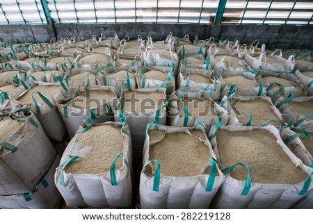 Big bag containing rice in warehouse