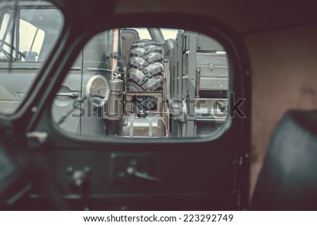 Inside details of ancient army truck cockpit