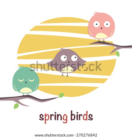 Vector illustration of colorful spring card with flying bird and birds on branch. Could be used as card, postcard, gift card, invitation, banner, background, wallpaper