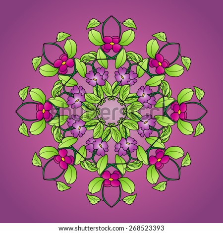 Floral circular ornament with green leaves, vines and purple and pink flowers on purple-pink background.