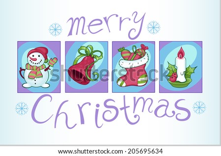 Set of colorful Christmas images: snowman, sock with gifts, bell and candle