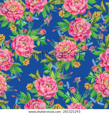 seamless pattern of peony flowers with leaves and smaller flowers