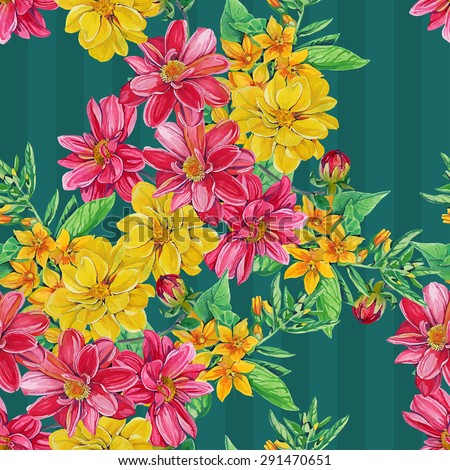 seamless pattern of dahlia flowers with leaves and smaller flowers
