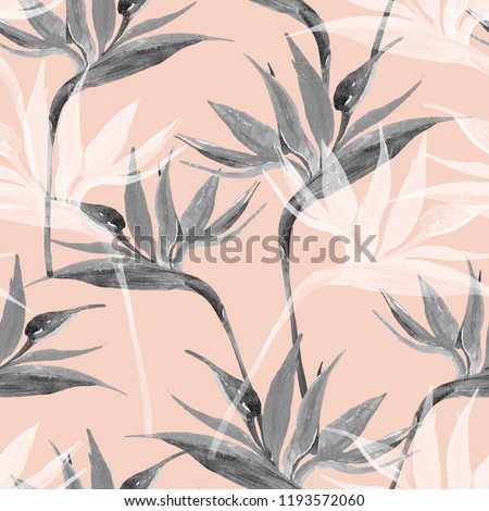 Unusual watercolor tropical seamless pattern with bird-of-paradise flower. Exotic flowers in monochrome colors, transparent on pastel background. Art illustration with water color texture