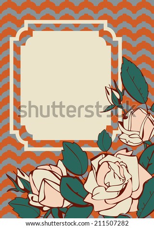 Vector subtle roses frame. Beautiful rose card design with frame for text. Wave background