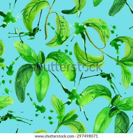Watercolor mint seamless pattern. Hand painted illustration with mint leaves and splashes