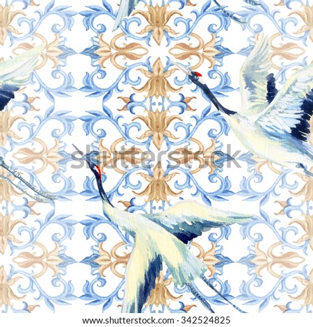 Asian seamless pattern. Watercolor crane bird seamless pattern. Hand painted illustrations on white background