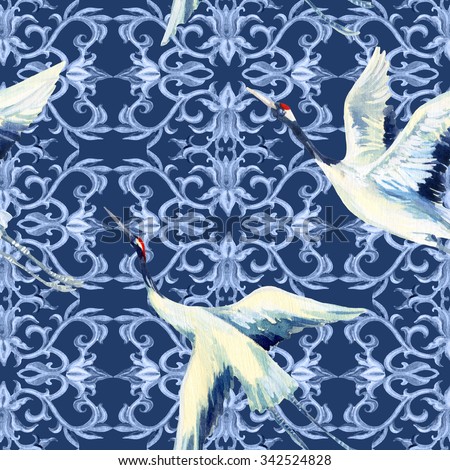 Asian seamless pattern. Watercolor crane bird seamless pattern. Hand painted illustrations on white background