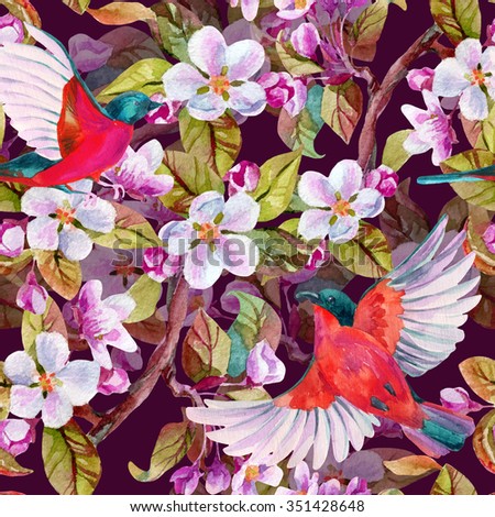 Apple blossom and flying birds. Watercolor bird on spring branch with leaves and blooming flowers. Hand painted illustration
