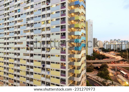 CHOI HUNG ESTATE, HONG KONG - SEP 13. Side view of Choi Hung Estate on Sep 13, 2014 in Choi Hung, Hong Kong. It is one of the oldest public housing estates and is now surrounded with modern highways.