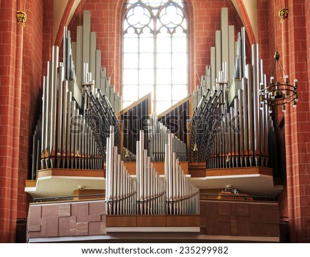 FRANKFURT, GERMANY - APR, 26: Pipes of the organ in St. PaulÃ¢??s Church at Frankfurt, Germany on Apr 26, 2014. It is a church with important political symbolism in Germany.