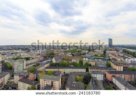 FRANKFURT, GERMANY - APR 26: The skyline view of Frankfurt on April 26, 2014 in Germany. Frankfurt is the fifth-largest city in Germany. The photo is shooting at the top of the Frankfurt Cathedral.