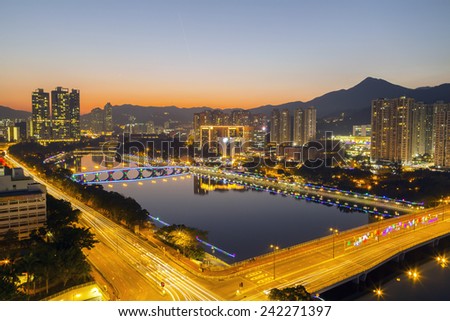 SHING MUN RIVER, HONG KONG - DEC 31: Sunset view of Shing Mun River with Christmas decoration at Shatin, Hong Kong on Dec 31, 2015. The river is famous for riverside walkers and cyclists.