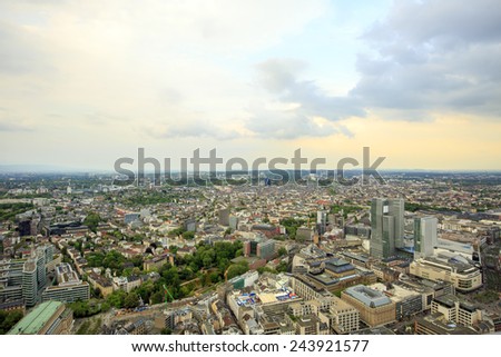 FRANKFURT, GERMANY - APR 24: The skyline view of Frankfurt on April 24, 2014 in Germany. Frankfurt is the fifth-largest city in Germany. The photo is shooting at the top of the Main Tower.