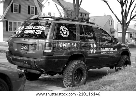 MADISON, WI - JUNE 26th, 2014: Madison locals prepare for the imminent zombie apocalypse with high tech zombie combatant vehicles