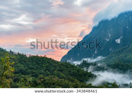 Sunset at the Newfound Gap in the Great Smoky Mountains, Peak of Doi Luang Chiang Dao montains is a 2,175 m high mountain in Chiang Mai Province, Thailand