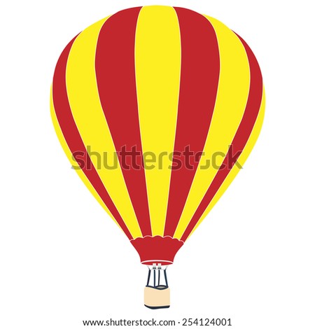 Red and yellow  vintage  hot air balloon with basket vector icon isolated, summer sport
