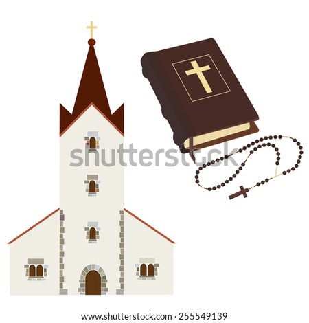Religious set with church, holy bible, rosary beads vector isolated, christian, catholic