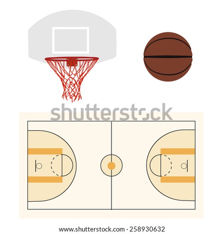 Brown basketball ball,white hoop and court, basketball field, basketball floor, sport equipment
