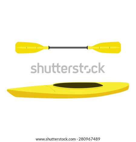 Vector illustration of yellow kayak and plastic, rowing oar. Kayak isolated, sea kayak