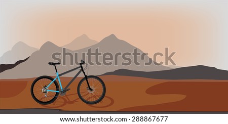 Bicycle riding in wild mountain nature landscape, background vector illustration. Sunset time