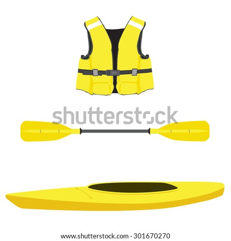 Vector illustration of  yellow kayak boat, life jacket and plastic, rowing oar. Kayak isolated, sea kayak. Extreme sport