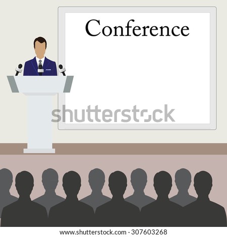 Vector illustration of conference room. People at the conference hall. Business meeting template.