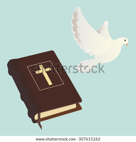 Vector illustration of holy bible and pigeon blue background. Christianity concept. Religious symbol of Christianity.