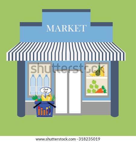 Vector illustration grocery store facade with signboard. Basket with fresh food. Flat style illustration or icon.