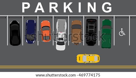 Vector illustration top view parking lot concept. Sport car, pick up car, sedan car and offroad car. Parking zones. Car park