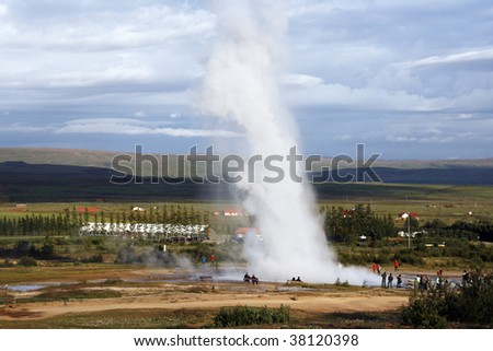 Eruption of famous Stokkur geyser in Geysir region. Natural landmark of Iceland