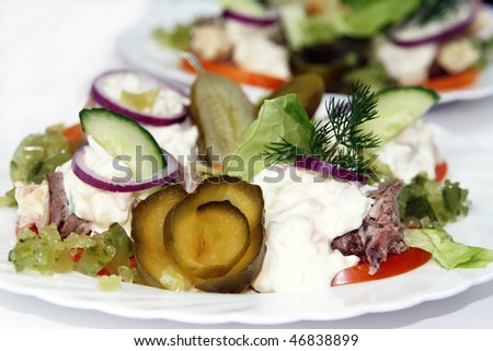 Close-up of delicious salad with pork, pickles, onion and salad cream