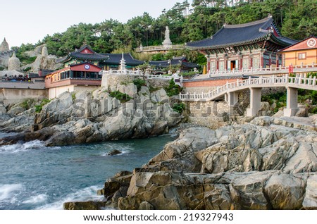 Haedong Yonggungsa Temple sits upon a cliff overlooking the East Sea in Busan, South Korea.