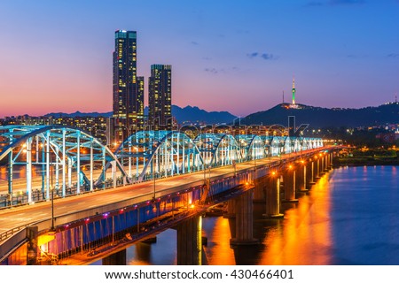 Korea,Seoul at night, South Korea city skyline at Dongjak Bridge Han river in Seoul , South Korea.