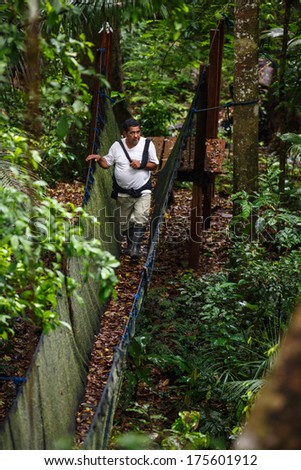 PUERTO MALDONADO, MADRE DE DIOS - PERU, CIRCA 2013: Instant of a unidentified man crossing a canopy walkway in the jungle, CIRCA 2013 in Puerto Maldonado.