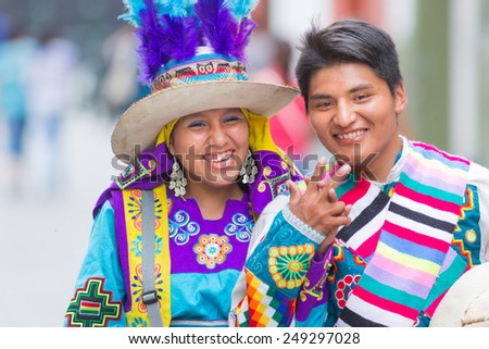 LIMA, PERU - CIRCA 2015:Two dancers of the Virgen de la Candelaria  parade  circa 2015 in Lima, Peru.