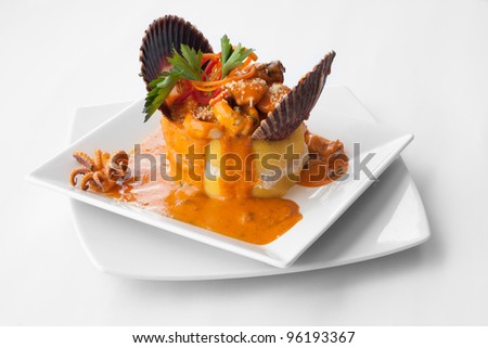 stock photo : Peruvian cuisine: Causa rellena whith seafood