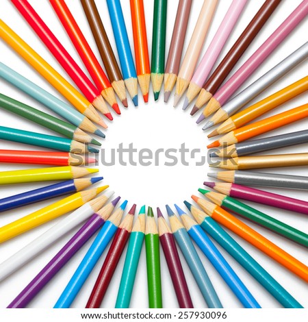 Color pencils rainbow isolated on square white background close up