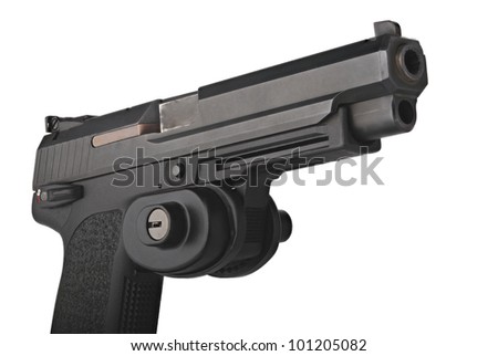 A large 9mm automatic pistol with trigger guard lock