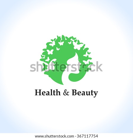 Health and beauty logo concept: woman\'s face and butterflies. Logo for beauty salon, massage, cosmetics, spa or medical clinic. Flat design.
