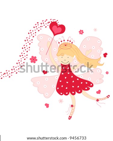 stock photo : Cute love fairy with hearts and flowers on white background