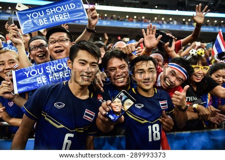 Kallang,Singapore - JUNE 15:Sarach Yooyen(No.6) thank fans and celebrates winning the gold medal. 28th SEA Games Singapore 2015 at Singapore National Stadium on JUNE15 2015